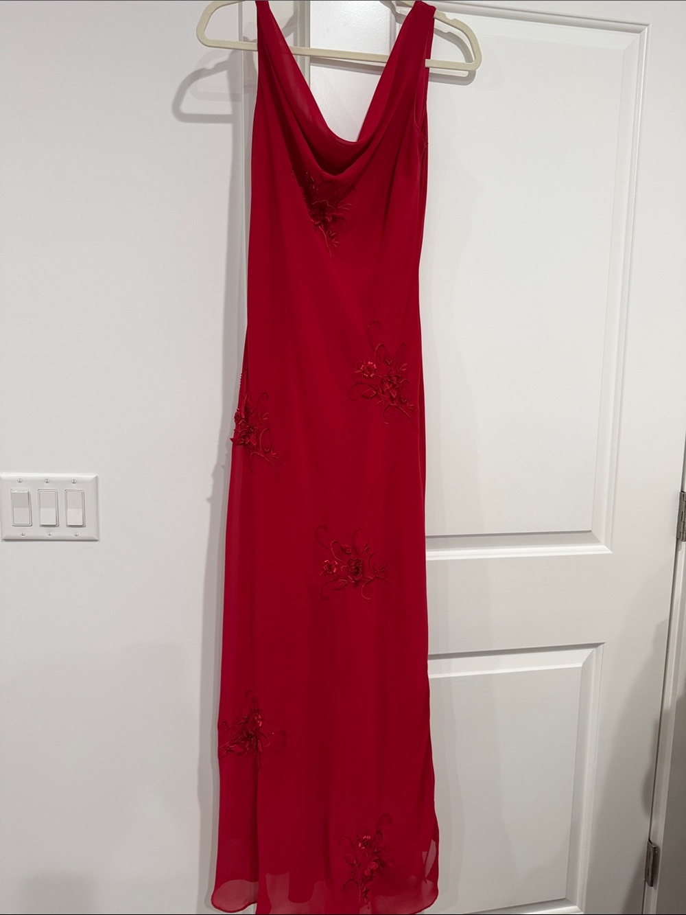 Red Cowl Neck Embellished Evening Dress